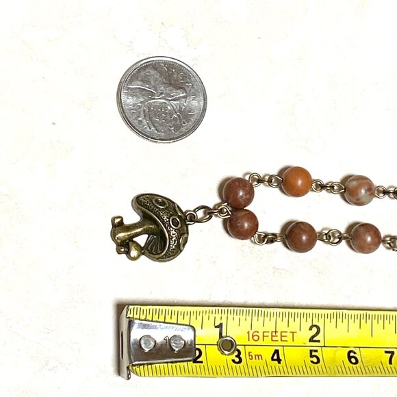 Earthy Polychrome Jasper Necklace, Cute Bronze Round Mushroom + Genuine Gemstone - Picture 13 of 15
